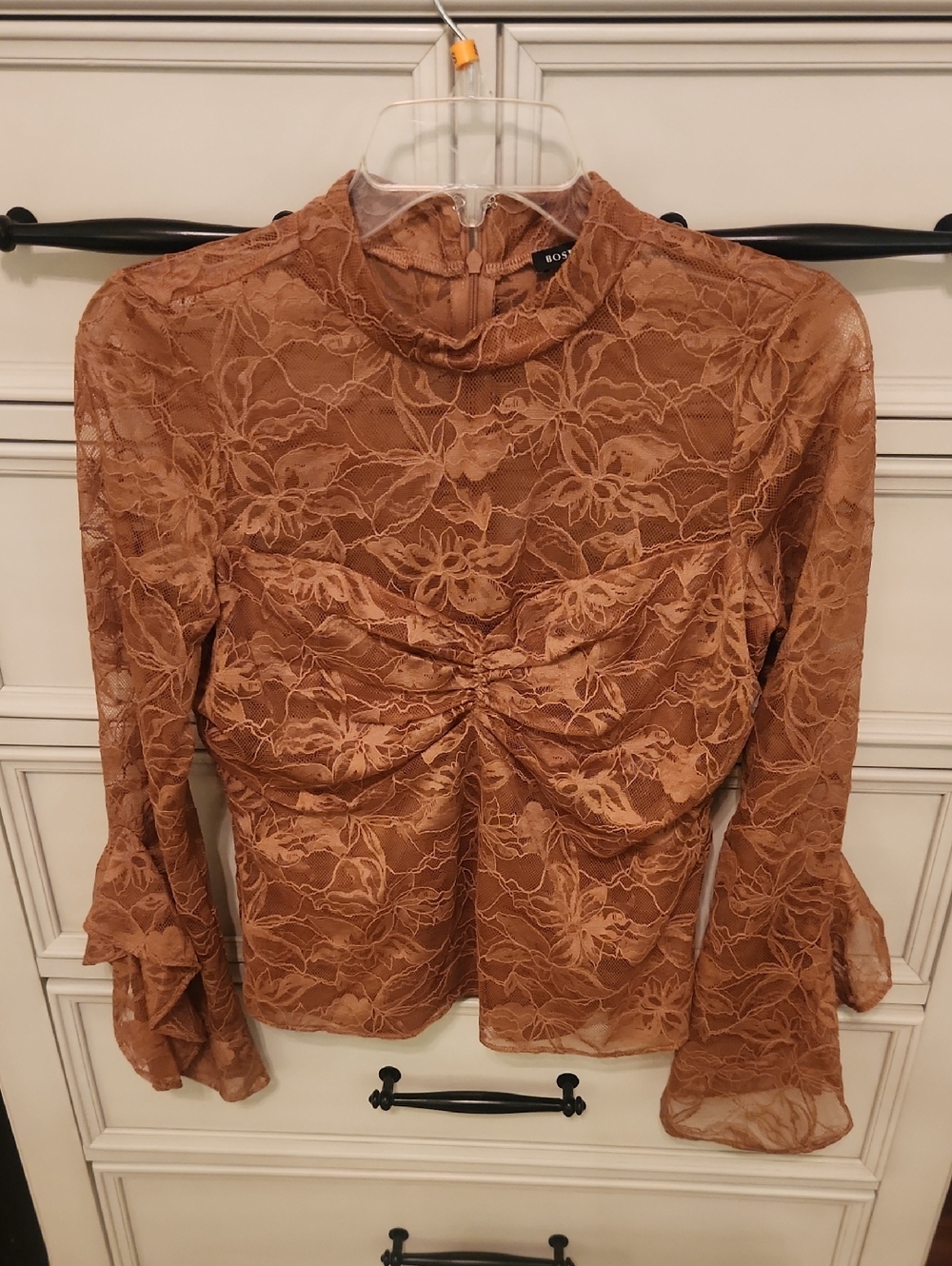 Boston Proper new york Copper Brown Floral Lace Ruched Mock Neck Blouse